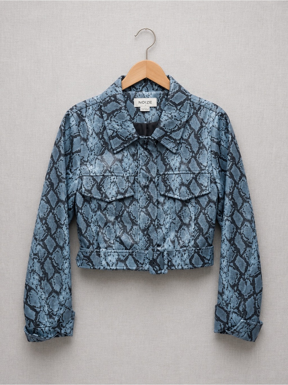 NOIZE Blue Snake Print Cropped Trucker/ Biker Jacket with Dual Chest Pockets